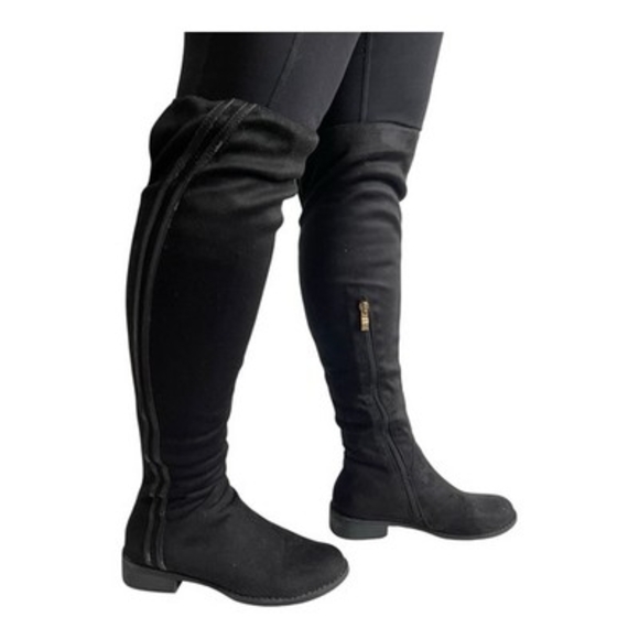 Women’s Black Over The Knee Boots Faux Suede Thigh High Low Heel Shoes Size 6 - Picture 6 of 9